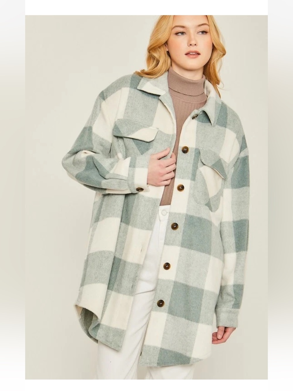 Love Tree Sage & Ivory Plaid Utility Shacket Size Small